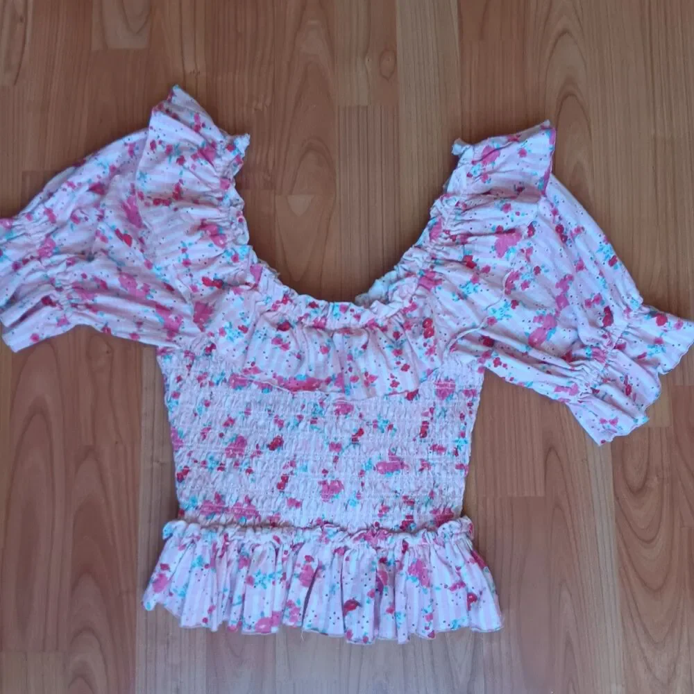 Free People Favorite Girl Crop Top Puff Sleeve Floral Cottagecore Coquette
